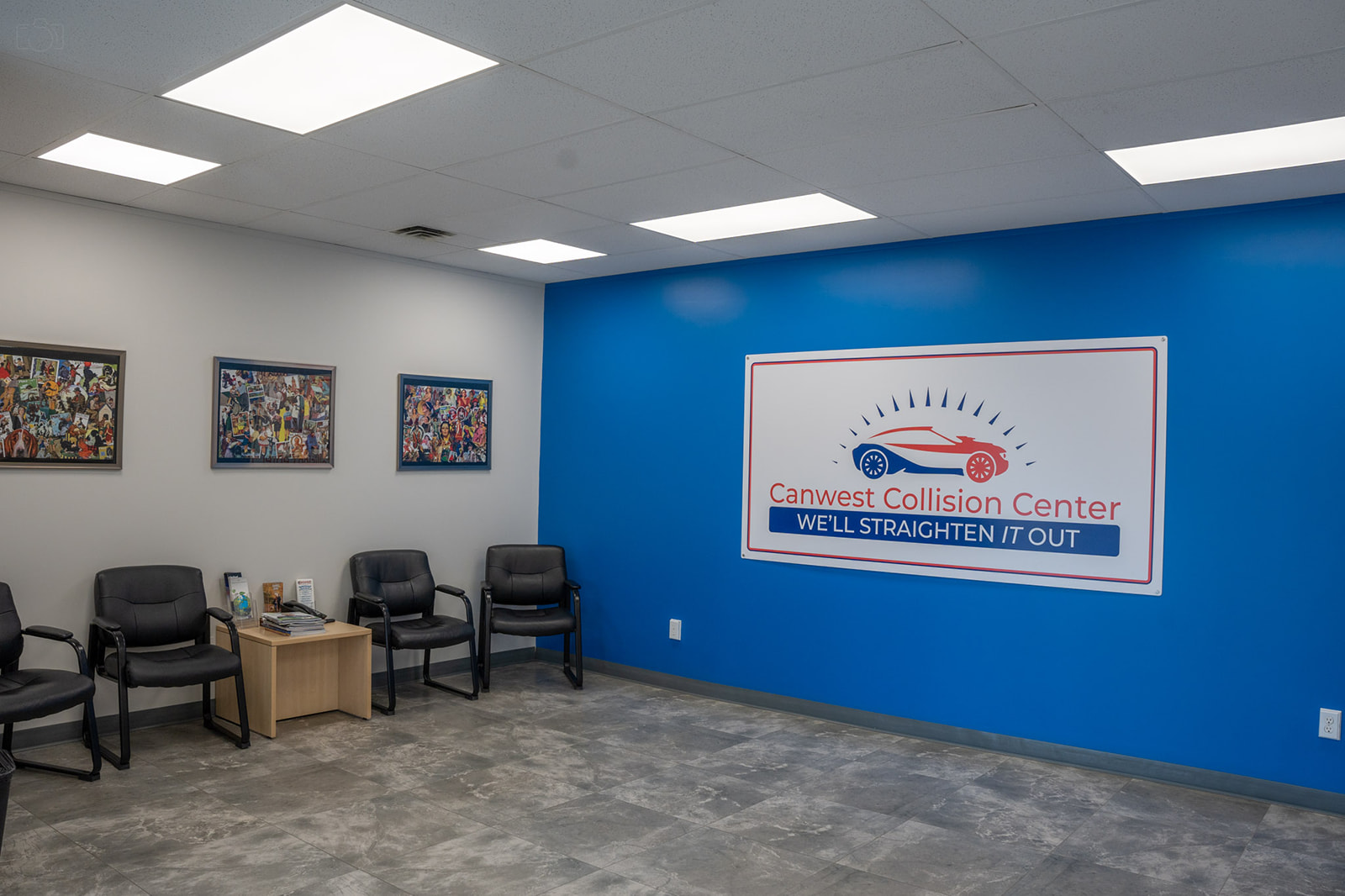 Our reception area with 4 chair and one table Canwest Collision Center Edmonton