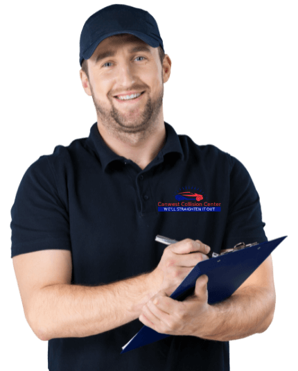 Canwest Collision Center&apos;s guy in black tshirt uniform ready to greet you for collision repair service