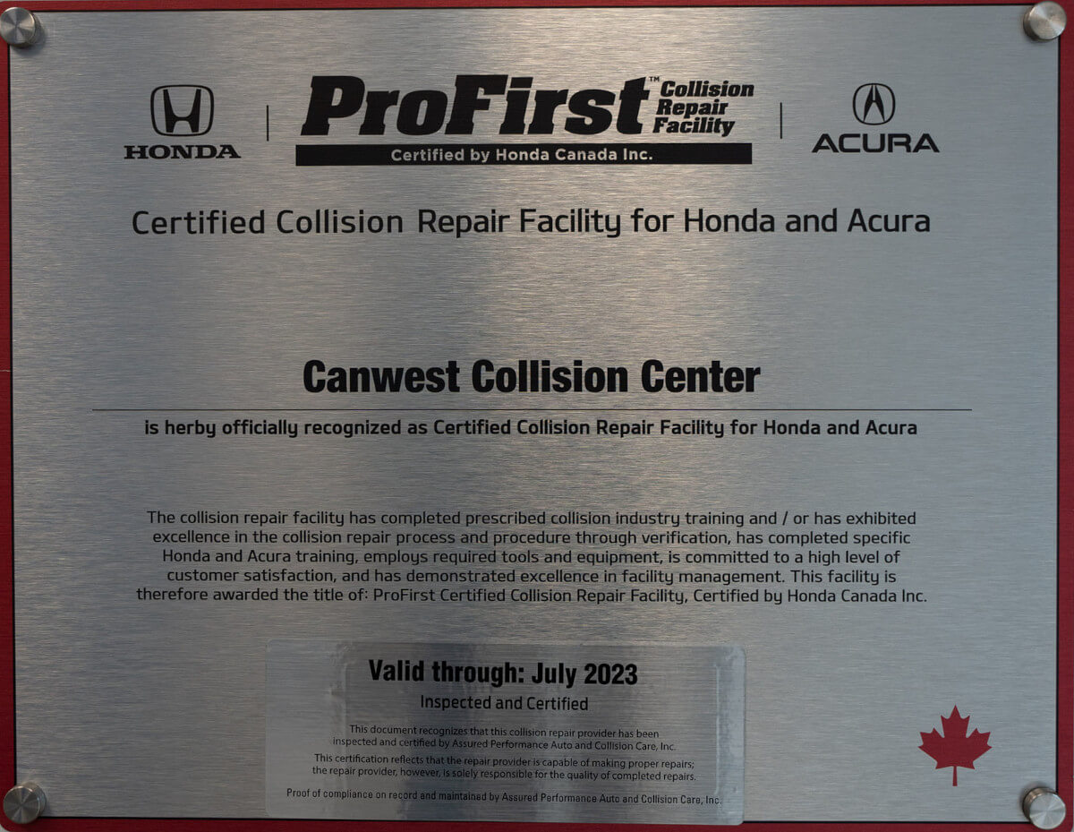 ​The collision repair facility has completed prescribed collision industry training and / or has exhibited excellence in the collision repair process and procedure through verification, has completed specific Honda and Acura training, employs required tools and equipment, is committed to a high level of customer satisfaction, and has demonstrated excellence in facility management. This facility is therefore awarded the title of: ProFirst Certified Collision Repair Facility, Certified by Honda Canada Inc.