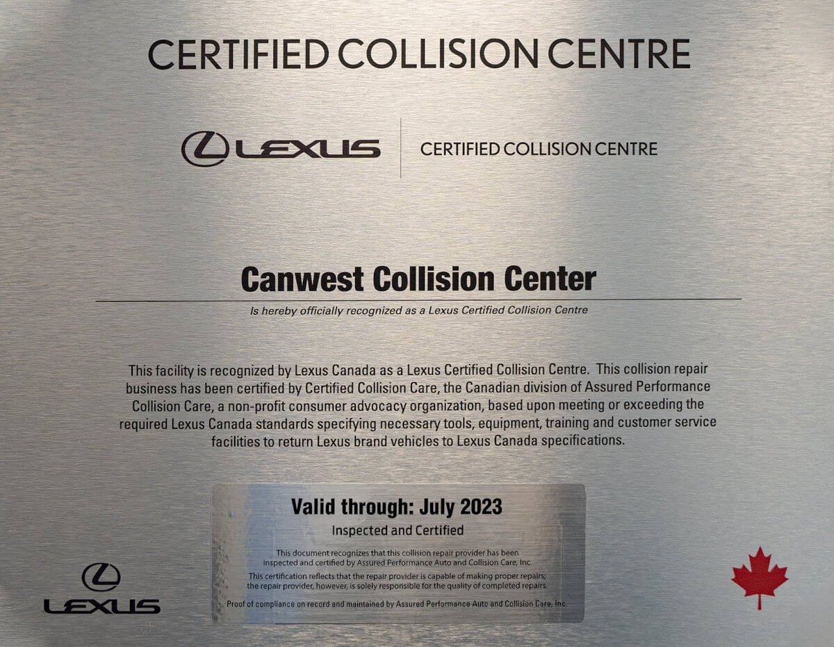 ​This facility is recognized by Lexus Canada as a Lexus Certified Collision Centre. This collision repair business has been certified by Certified Collision Care, the Canadian division of Assured Performance Collision Care, a non-profit consumer advocacy organization, based upon meeting or exceeding the required Lexus Canada standards specifying necessary tools, equipment, training and customer service facilities to return Lexus brand vehicles to Lexus Canada specifications.