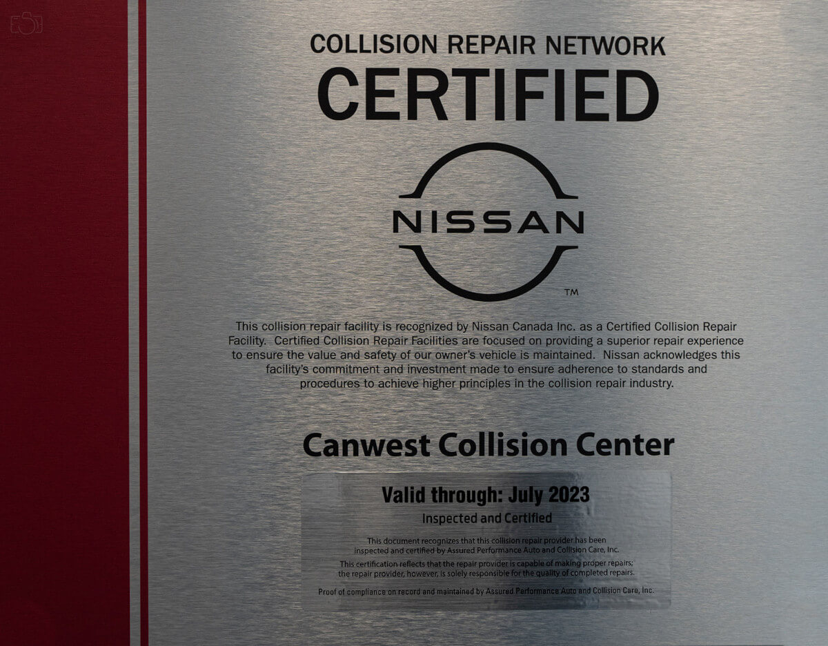 ​This collision repair facility is recognized by Nissan Canada Inc. as a Certified Collision Repair Facility. Certified Collision Repair Facilities are focused on providing a superior repair experience to ensure the value and safety of our owner&apos;s vehicle is maintained. Nissan acknowledges this facility&apos;s commitment and investment made to ensure adherence to standards and procedures to achieve higher principles in the collision repair industry.