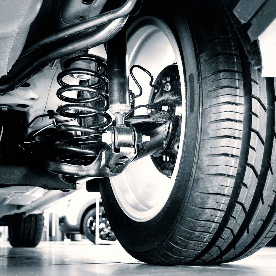 Close-up of a car's suspension system and Shock absorbers.